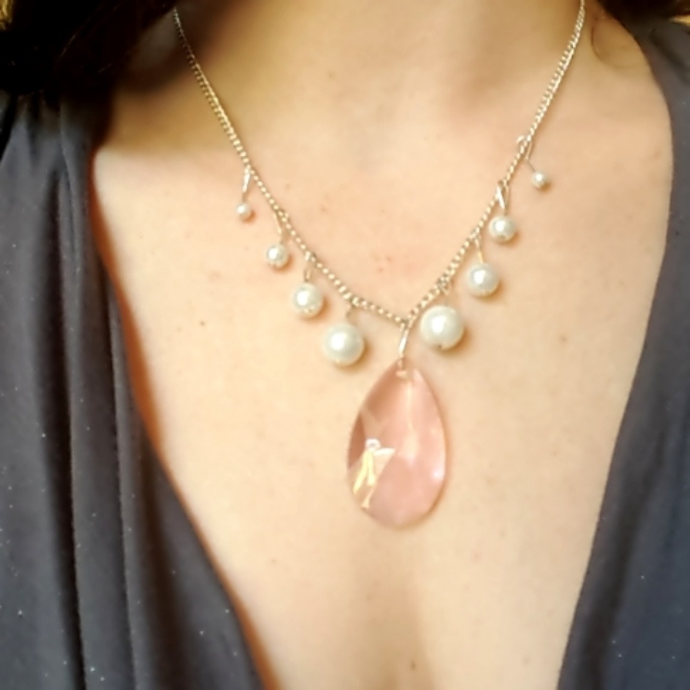 Delicate Drop Necklace Pink Faceted Pendant - Picture 3 of 4